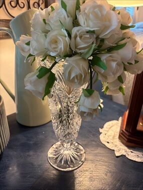 Clear Crystal Cut Glass Vase with White Artificial Roses